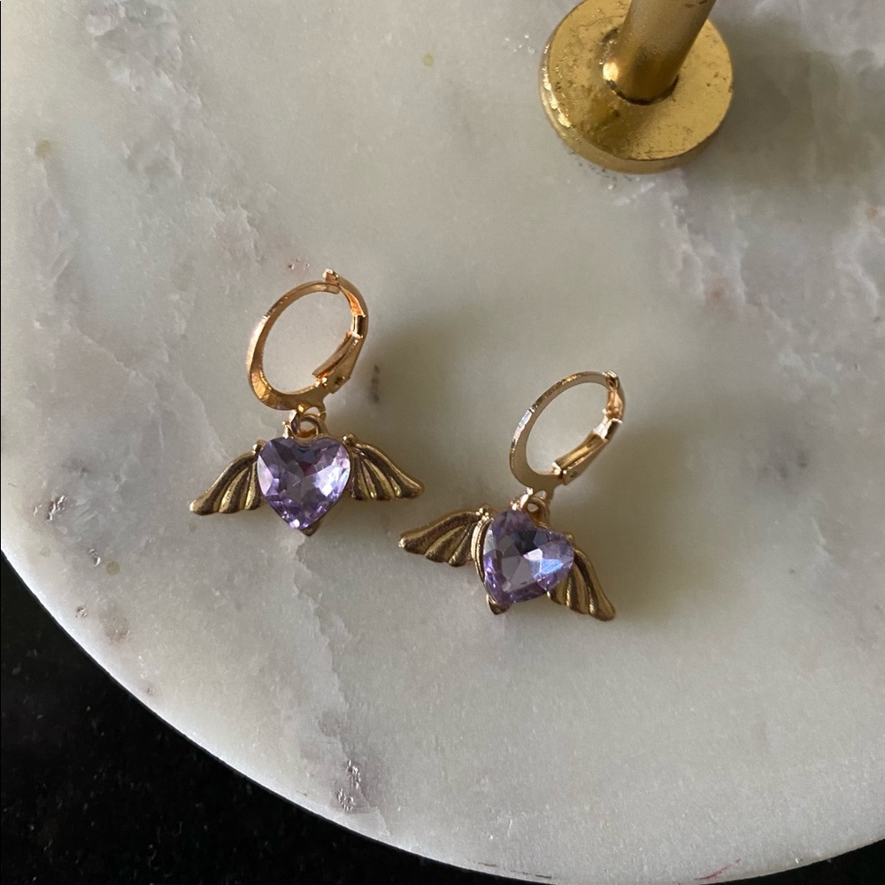 MAKE ME AND OFFER  Heart Winged Purple Stone Charm Huggie Earrings